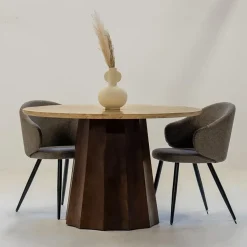 Eettafel Ø120cm - Wit Travertin Blad - Bruin Onderstel