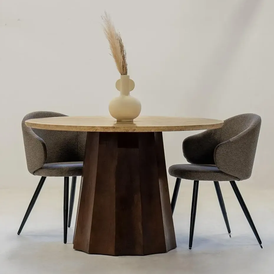 Eettafel Ø120cm - Wit Travertin Blad - Bruin Onderstel