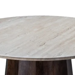 Eettafel Ø120cm - Wit Travertin Blad - Bruin Onderstel