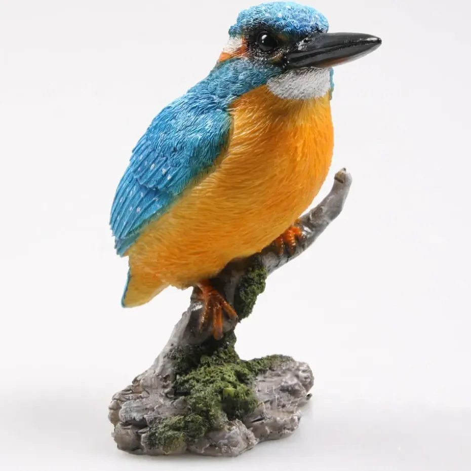 Farmwood tuin deco vogel beeldje - ijsvogel - op tak - 9 x 15 cm