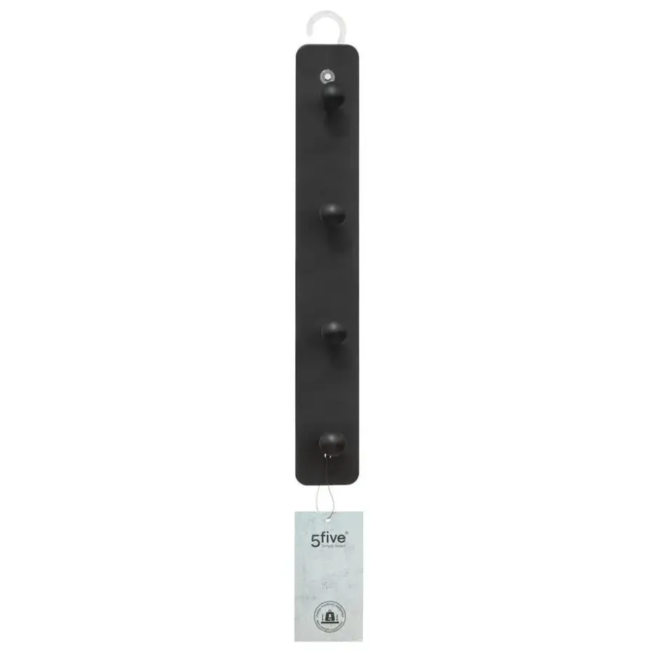 5Five Kapstok rek voor wand/muur - zwart - 4 ophanghaken - B35 cm
