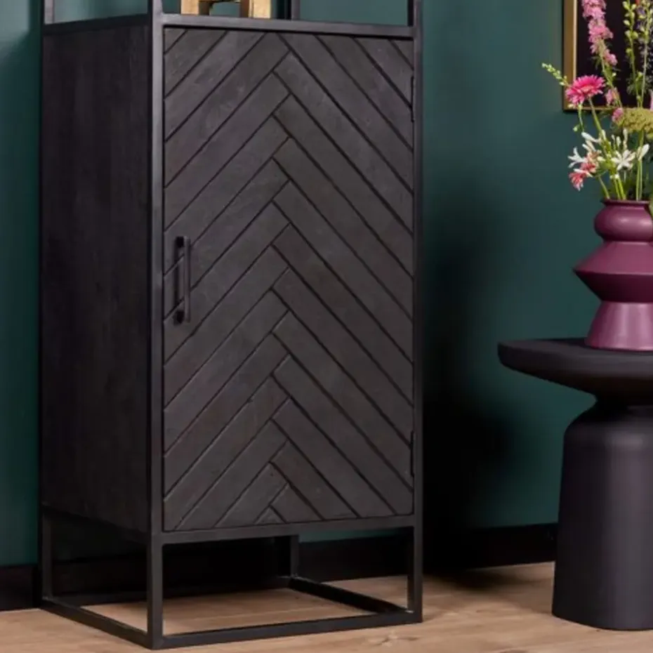 Furndea Scandi boekenkast industrieel visgraat zwart 1- deur - 45x55x200 cm