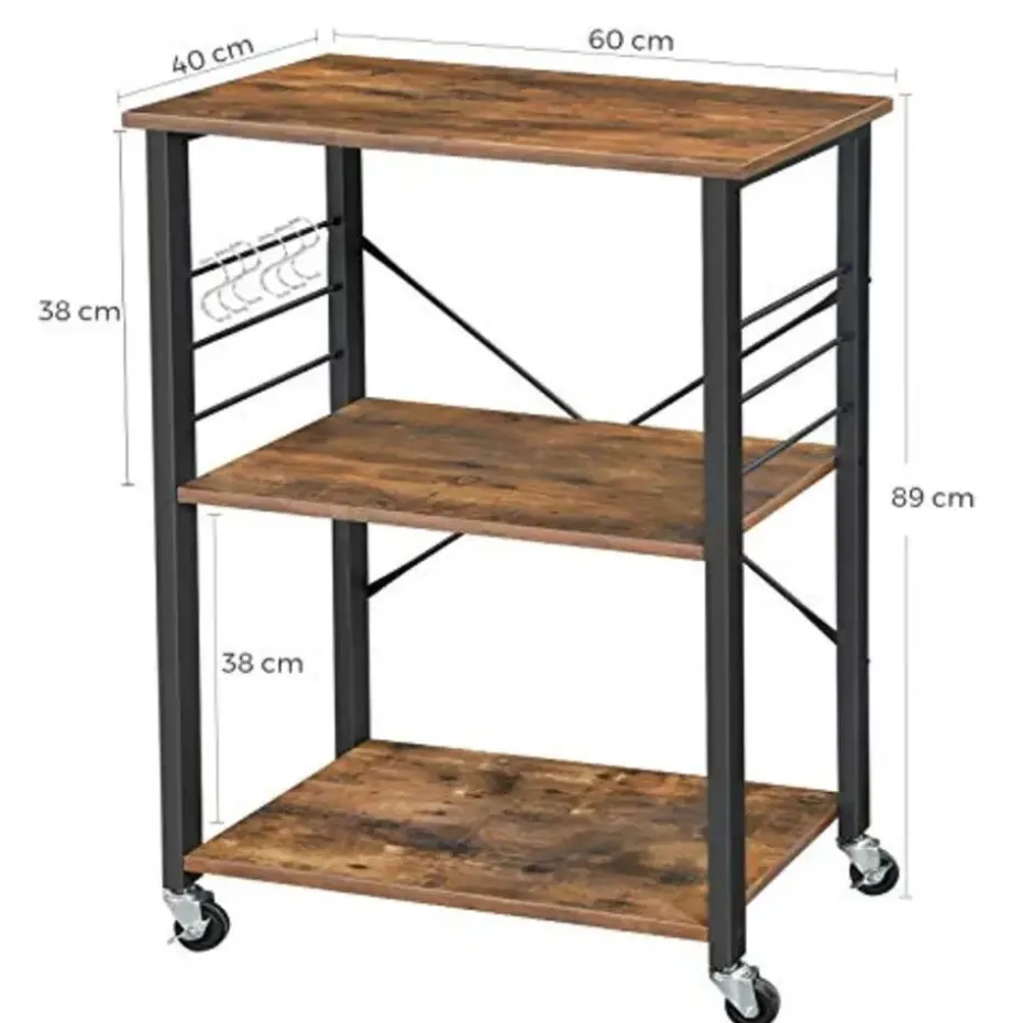 Furnihaus Keukentrolley - op wieltjes - 2 legplanken - vintage bruin - 60cm