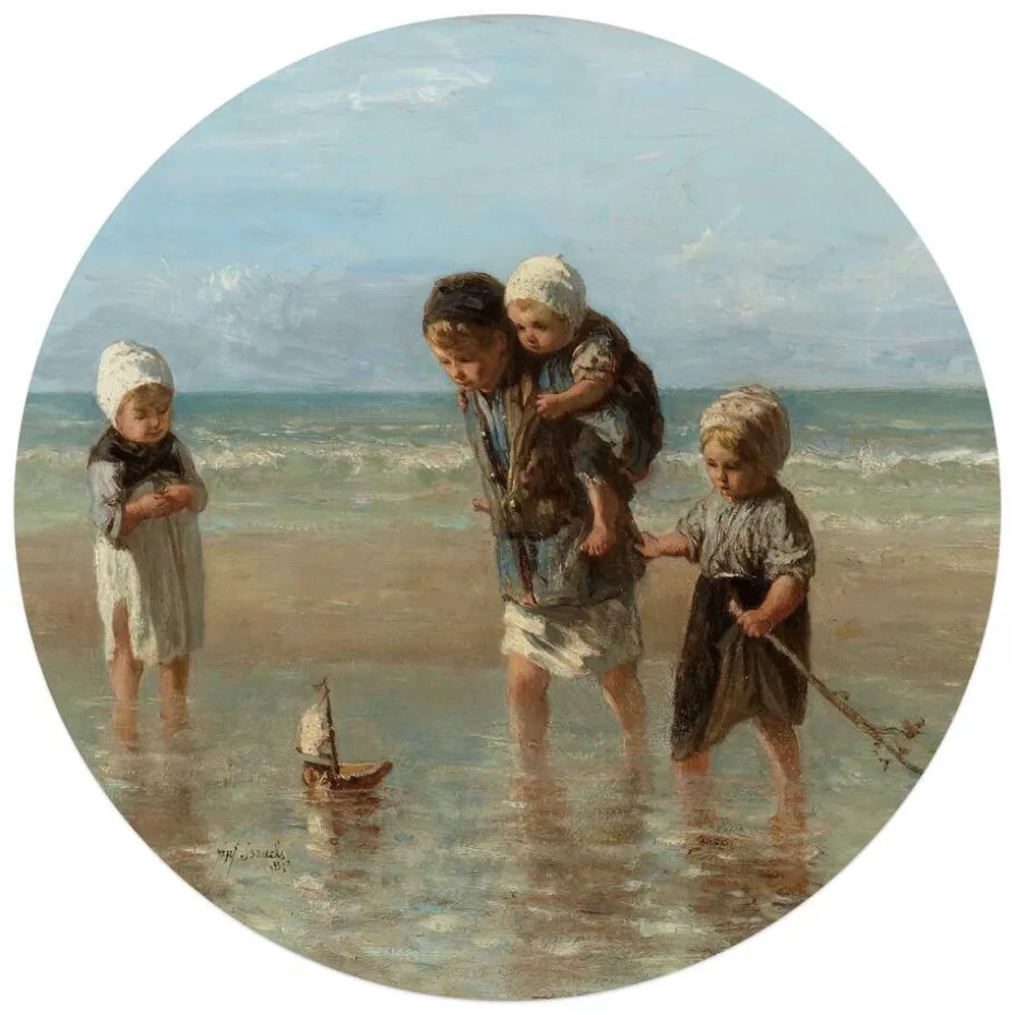 Glasschilderij Israëls Kinderen der Zee - Ø 70cm - Beige