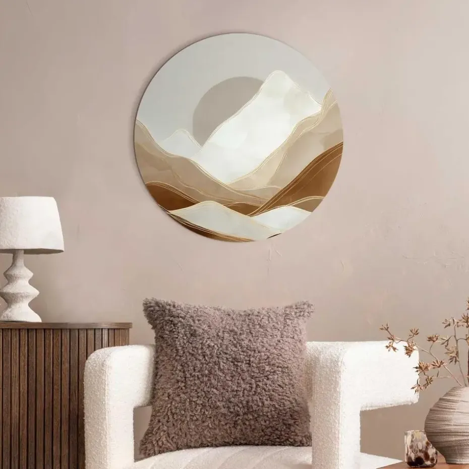 Glasschilderij Maan achter de bergen - Ø 50cm - Beige