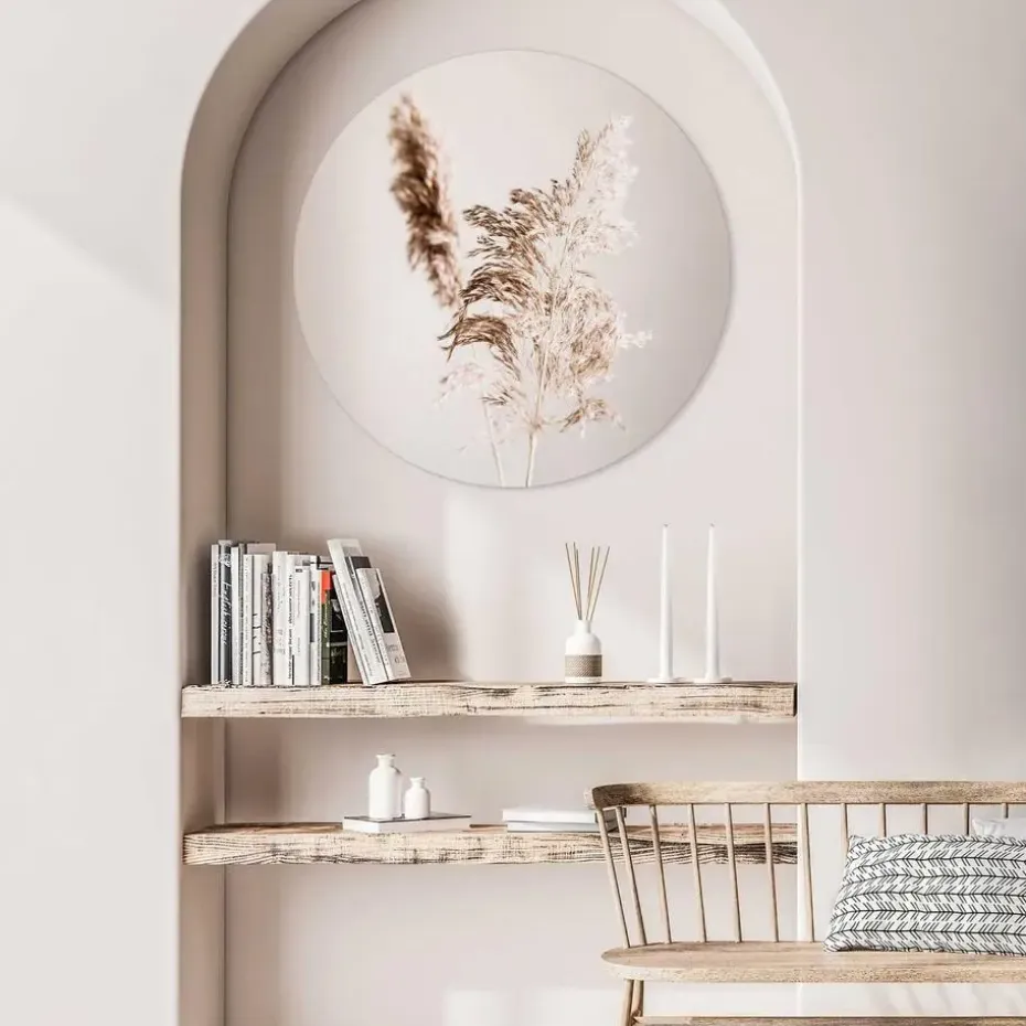 Glasschilderij Pampasgras - Ø 70cm - Beige
