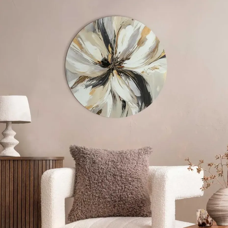Glasschilderij Stijlvolle bloem - Ø 50cm - Beige