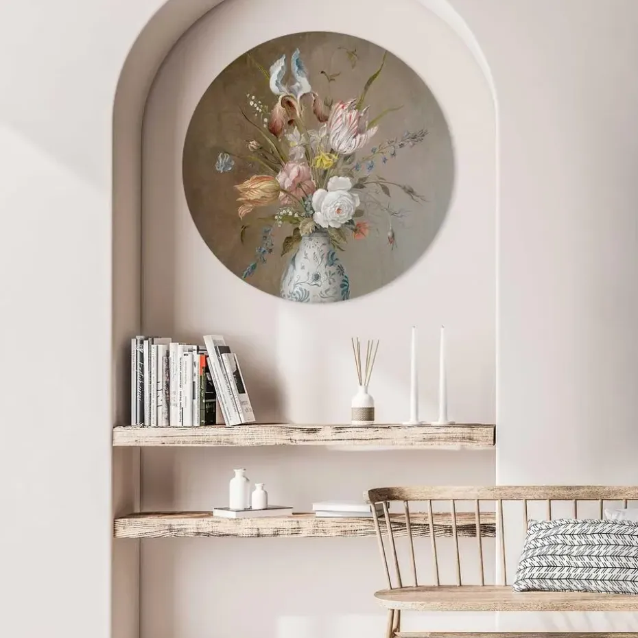 Glasschilderij Van der Ast Stilleven vaas met bloemen - Ø 70cm
