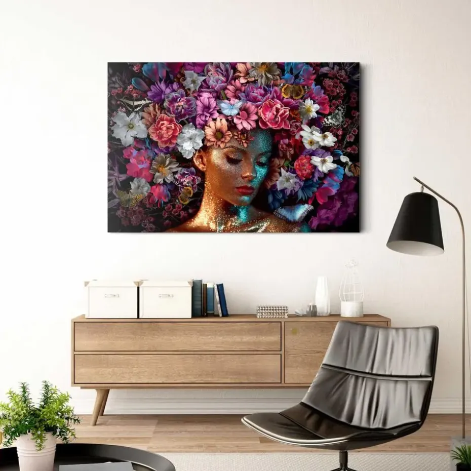 Glasschilderij Vrouw met Bloemenglitters - 78 x 116cm - Bont