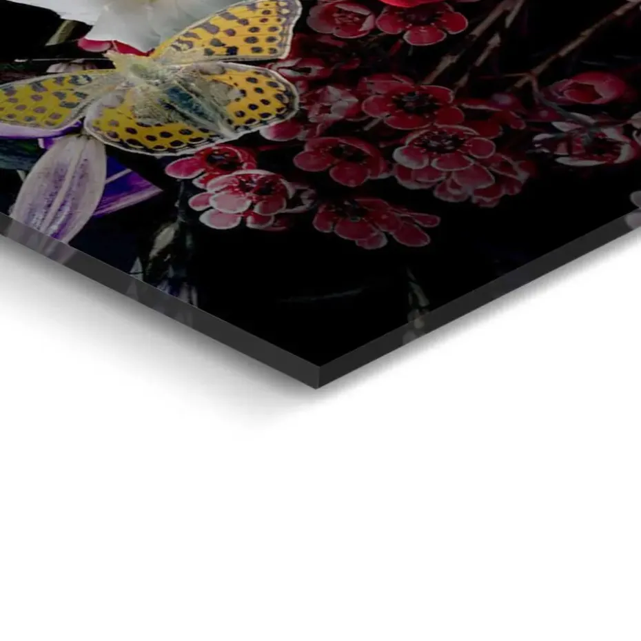 Glasschilderij Vrouw met Bloemenglitters - 78 x 116cm - Bont