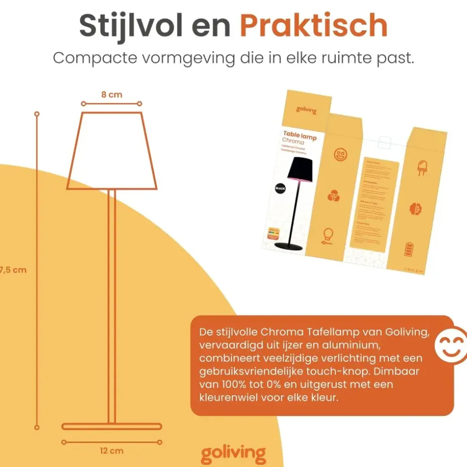 Goliving Chroma Tafellamp Oplaadbaar – Draadloos en Dimbaar – Touch – Nachtlamp
