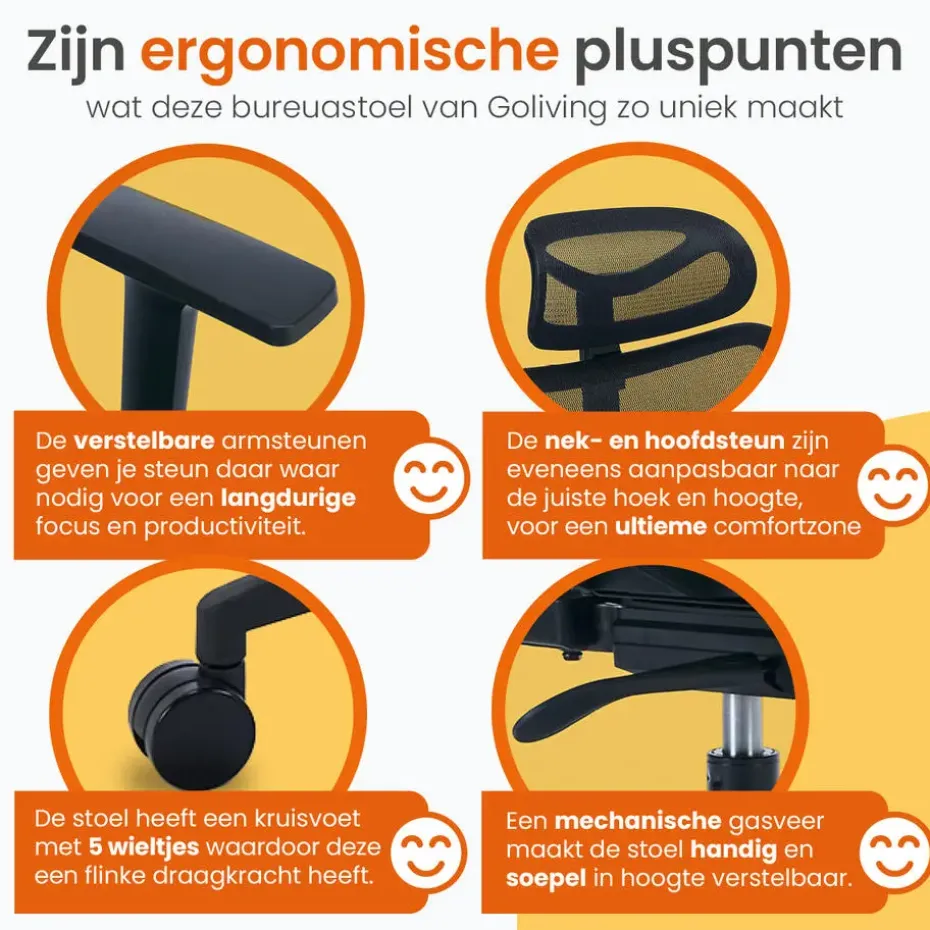 Goliving Ergonomische Bureaustoel - Kantoorstoel - Volwassenen - Zwart