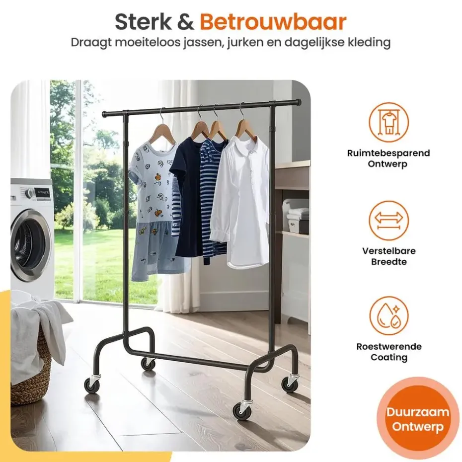 Goliving Kledingrek op wieltjes XL - Uitschuifbare Kledingstang 112-150 cm