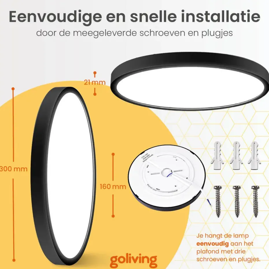 Goliving Plafondlamp - Plafonnière - LED - 30x30x2.1 cm - Zwart