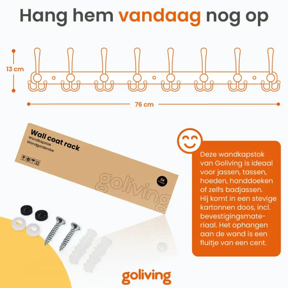 Goliving Wandkapstok – 24 Haaks Hangende Kapstok – Muurkapstok – RVS – Zwart