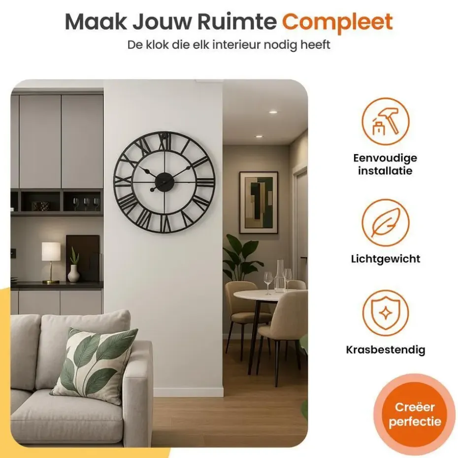 Goliving Wandklok Industrieel - Stil uurwerk - Metaal - Ø 60 cm - Zwart