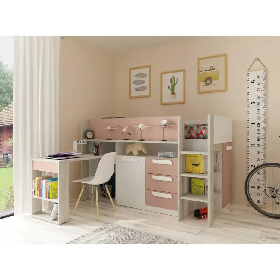 Halfhoogslaper Beau 90x200 met bureau - oudroze