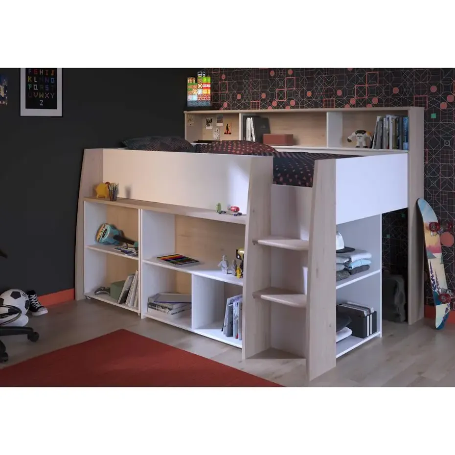 Halfhoogslaper Duffy 90x200cm met bureau - wit / eikdecor