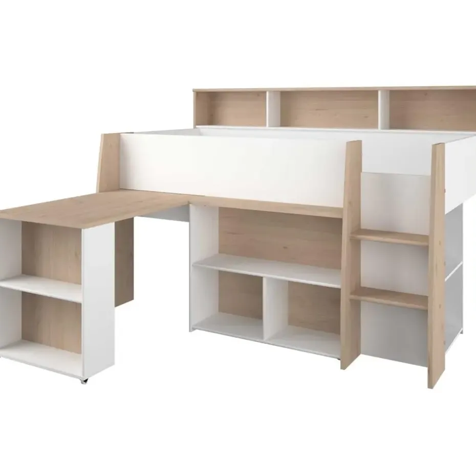 Halfhoogslaper Duffy 90x200cm met bureau - wit / eikdecor