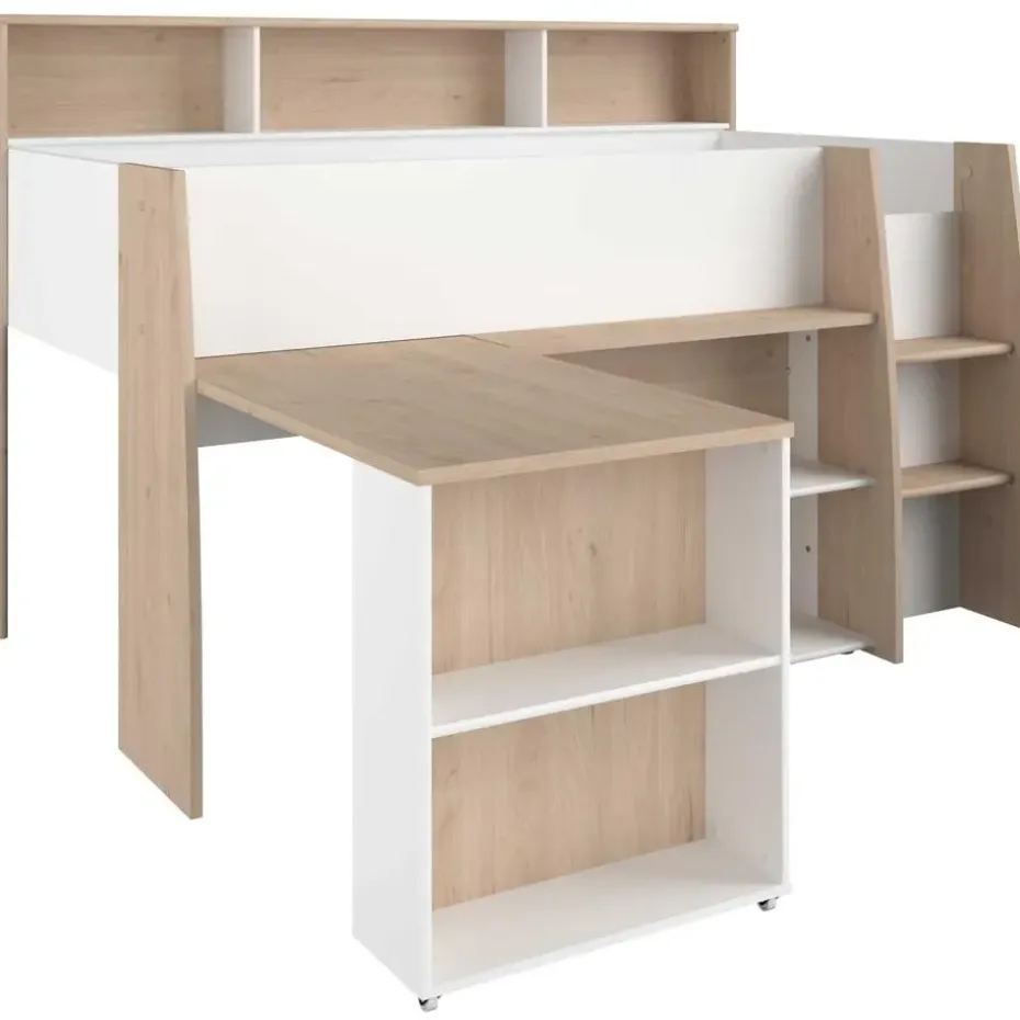 Halfhoogslaper Duffy 90x200cm met bureau - wit / eikdecor