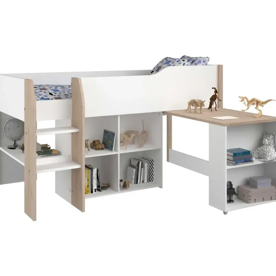 Halfhoogslaper met bureau Moscon 90x200 - wit/eik