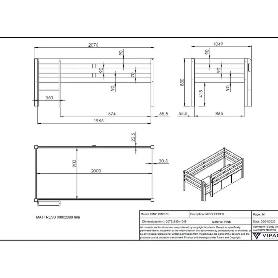 Halfhoogslaper Pip 90 x 200 dennenhout - wit