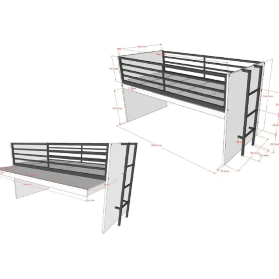 Halfhoogslaper Sammie 90x200cm - met bureau en boekenrekjes - wit