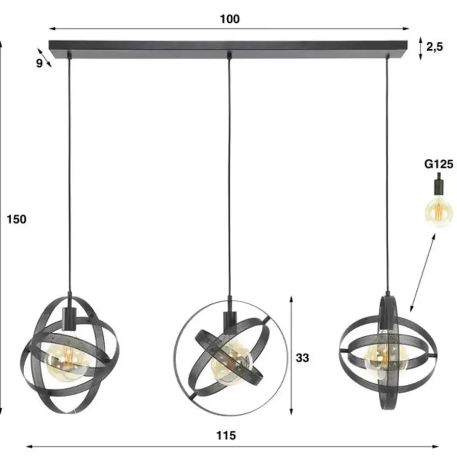 Hanglamp Yaya 3-lichts mesh - Metaal - Zwart