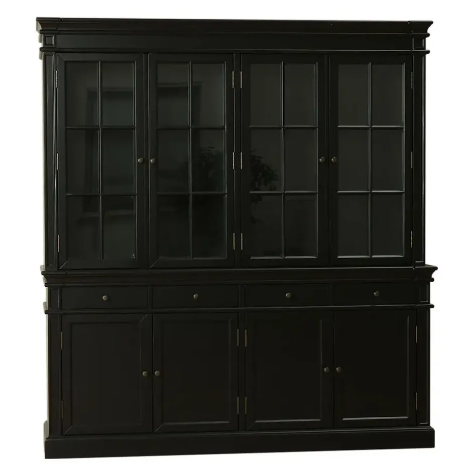 Hioshop Amaretta vitrinekast 4 deuren- zwart antiek gepatineerd Breedte 186