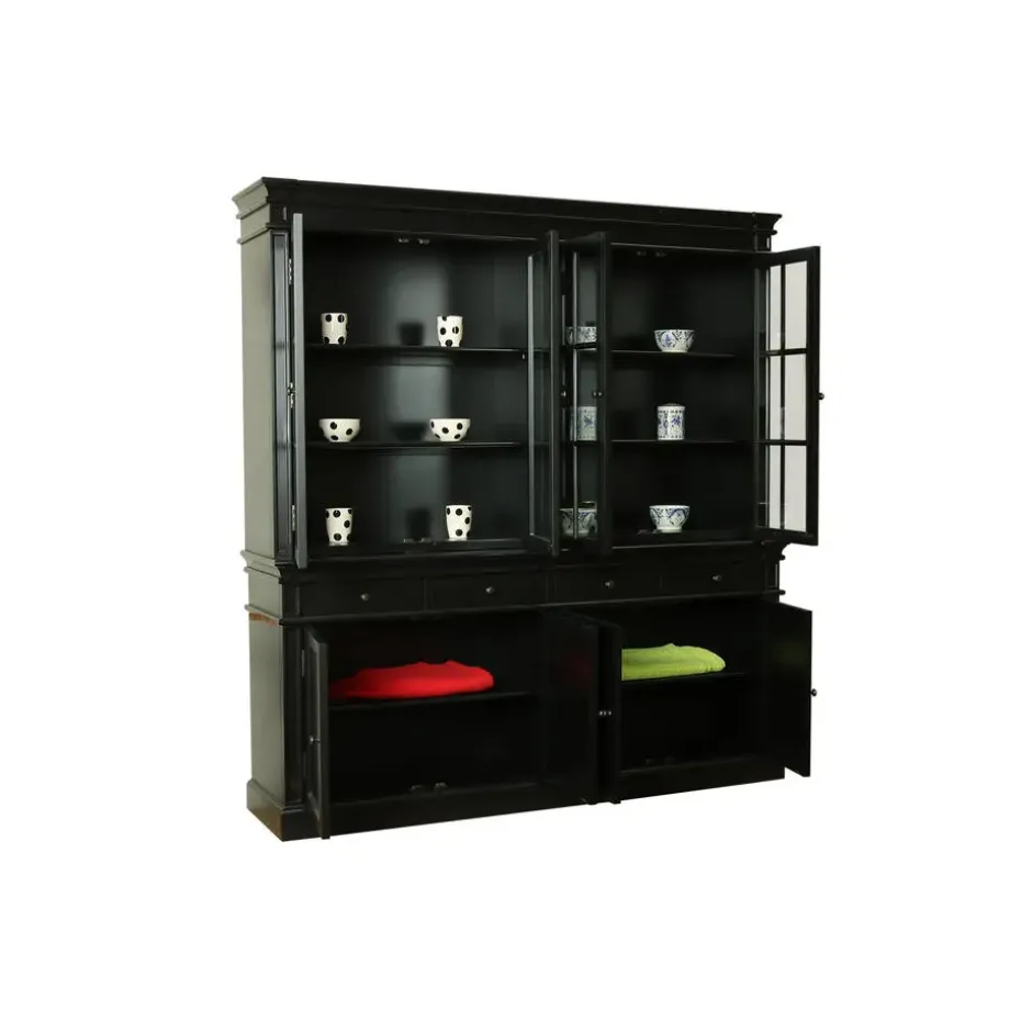 Hioshop Amaretta vitrinekast 4 deuren- zwart antiek gepatineerd Breedte 186