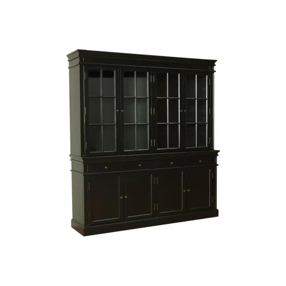 Hioshop Amaretta vitrinekast 4 deuren- zwart antiek gepatineerd Breedte 186