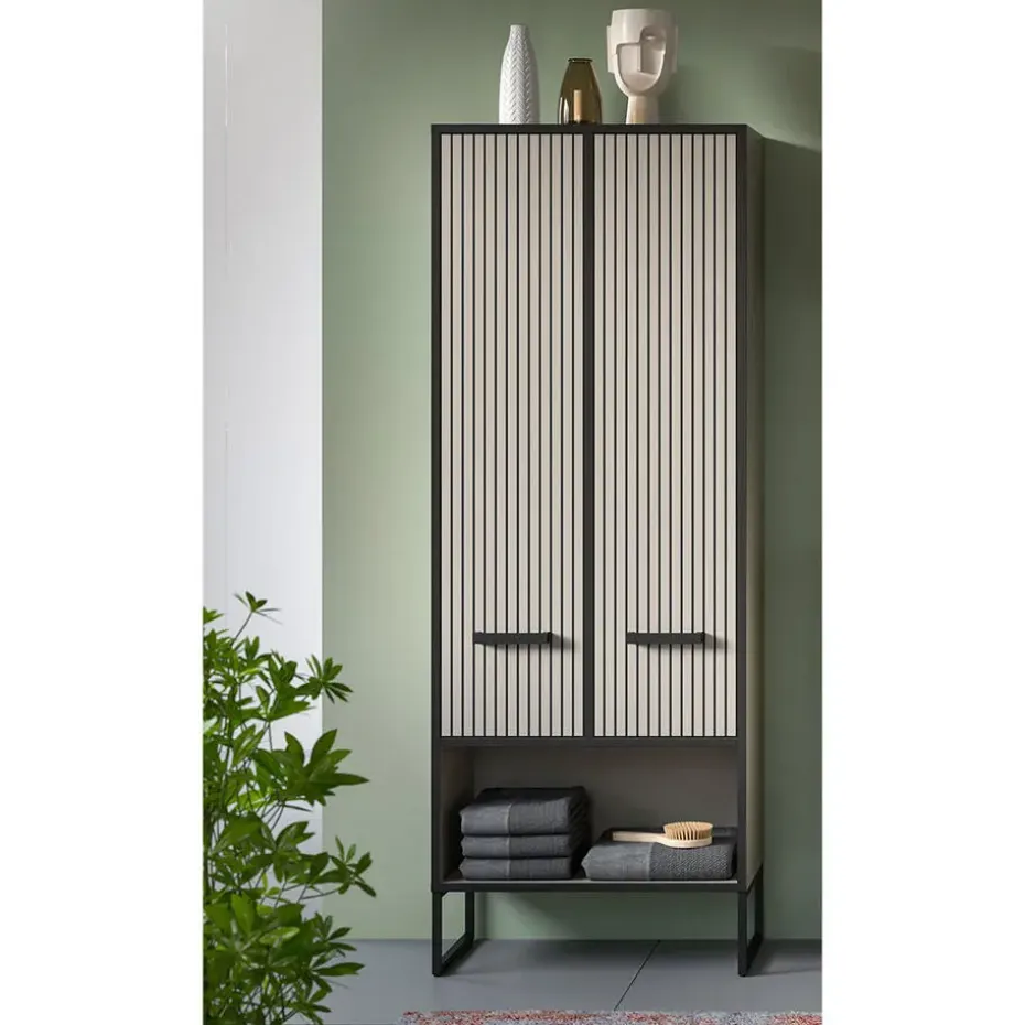 Hioshop Bagno kolomkast 2 deuren lichtgrijs- crèmekleurig