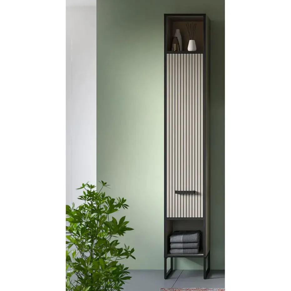 Hioshop Bagno kolomkast 1 deur 2 vakken lichtgrijs- crèmekleurig