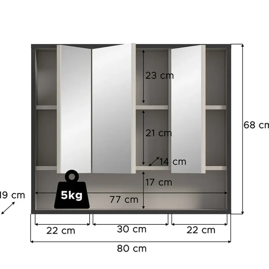 Hioshop Bagno spiegelkast 3 spiegeldeuren lichtgrijs- crèmekleurig