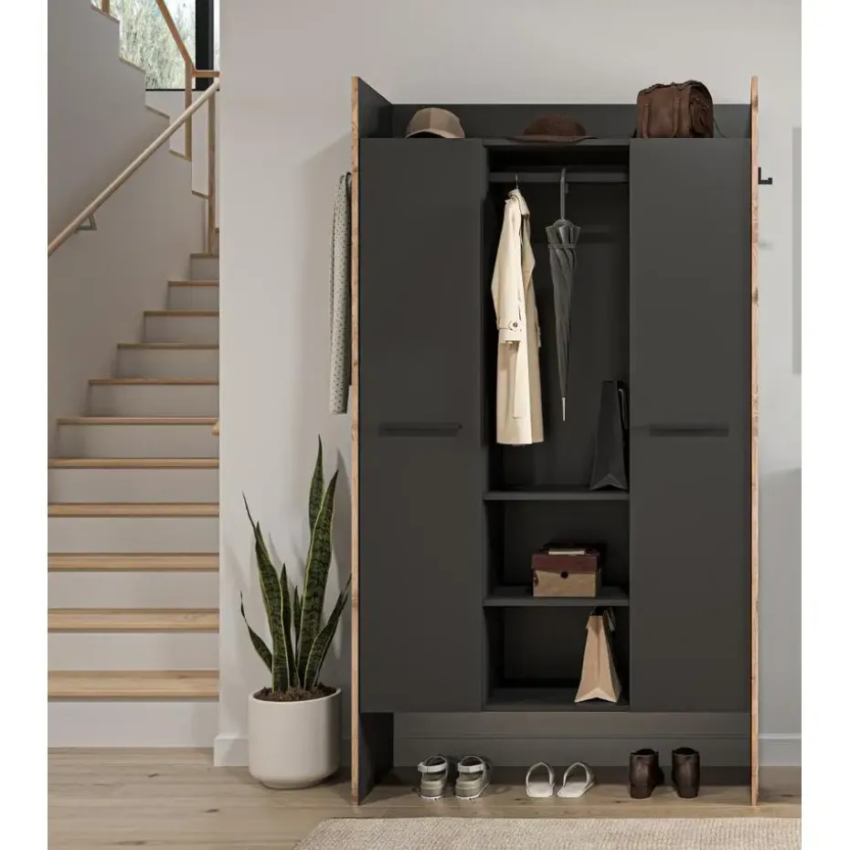 Hioshop Bueno kledingkast 2 deuren- 1 lade- 3 planken en 2 haken donkergrijs