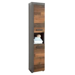 Hioshop CancunIndy kolomkast 2 deuren- 1 open vak eiken decor- oud houten
