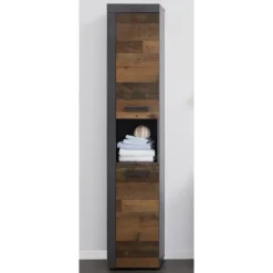 Hioshop CancunIndy kolomkast 2 deuren- 1 open vak eiken decor- oud houten