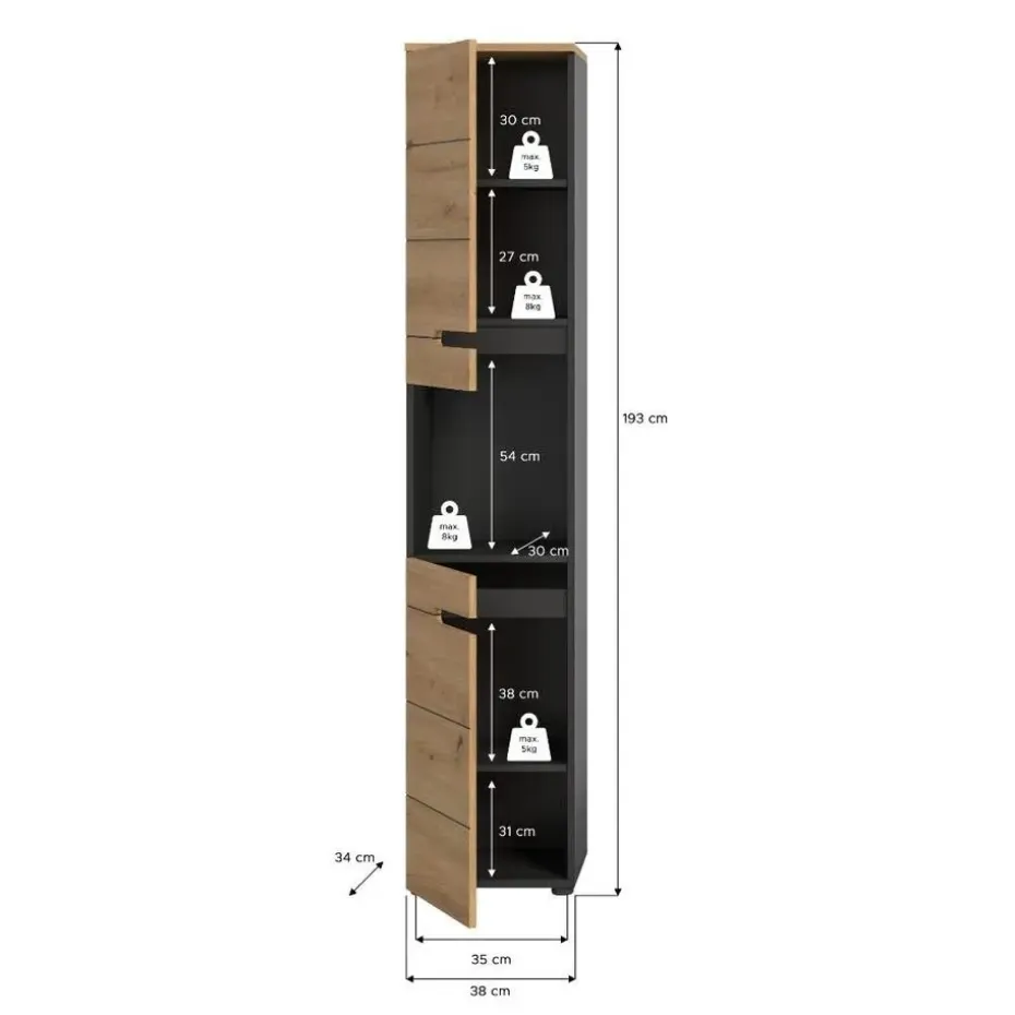 Hioshop Canu kolomkast 2 deuren- 1 plank eiken decor- grijs