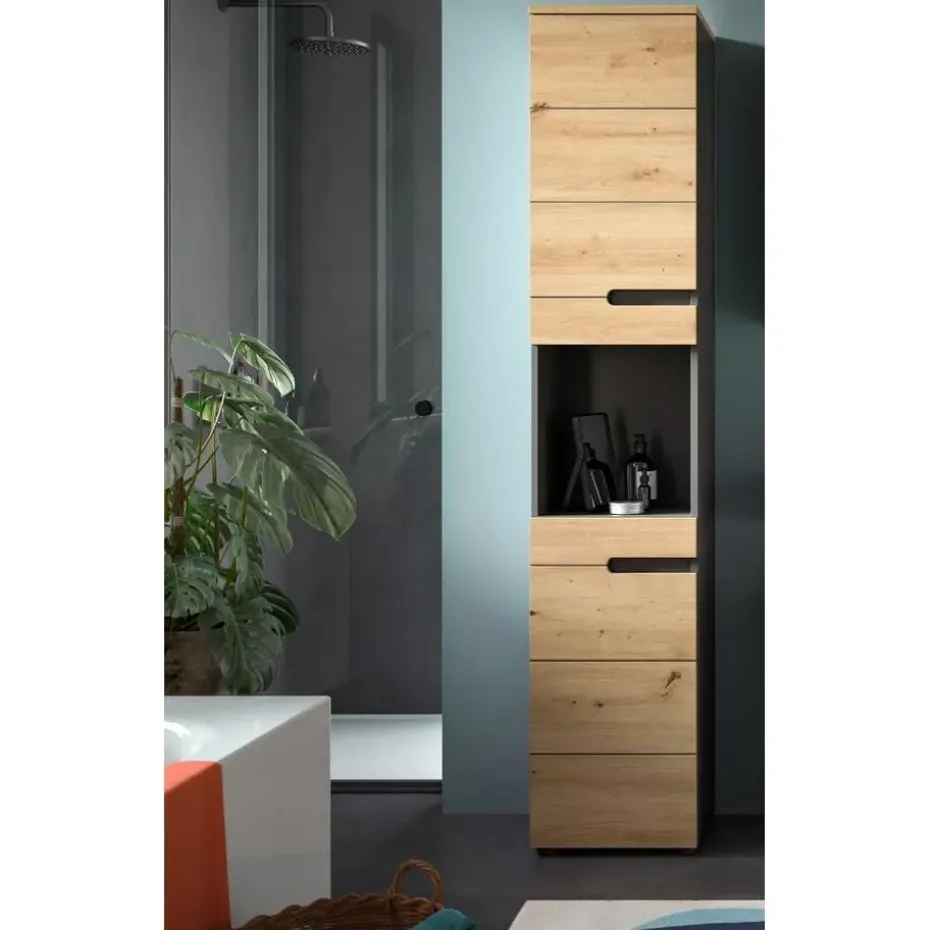 Hioshop Canu kolomkast 2 deuren- 1 plank eiken decor- grijs
