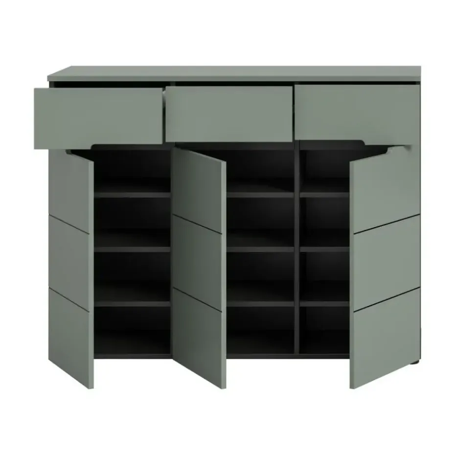 Hioshop Canu schoenenkast 3 deuren- 3 lades stofgroen- donkergrijs
