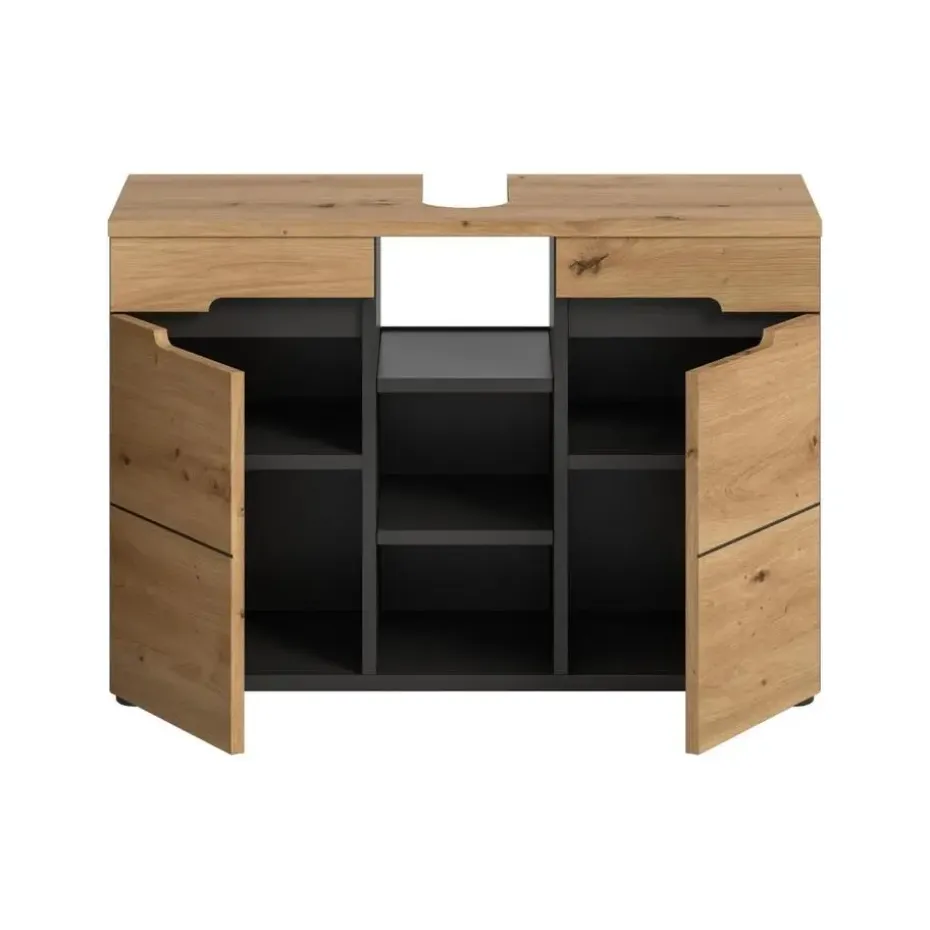 Hioshop Canu wastafel 2 deuren- 3 planken eiken decor- grijs
