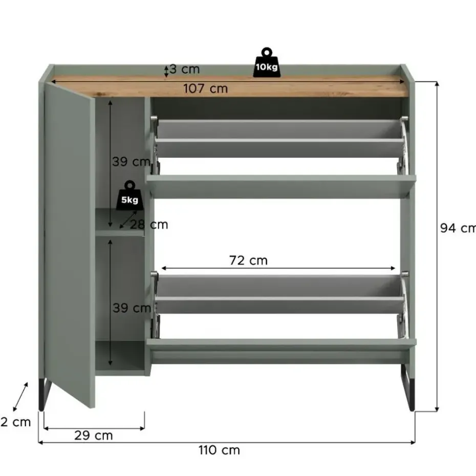 Hioshop Drive schoenenkast 1 deur- 2 vouwdeuren salvie decor