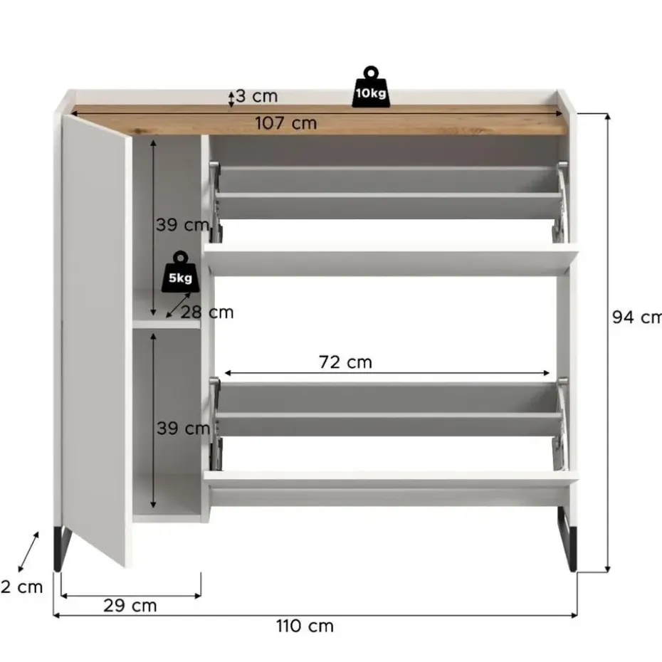 Hioshop Drive schoenenkast 1 deur- 2 vouwdeuren wit