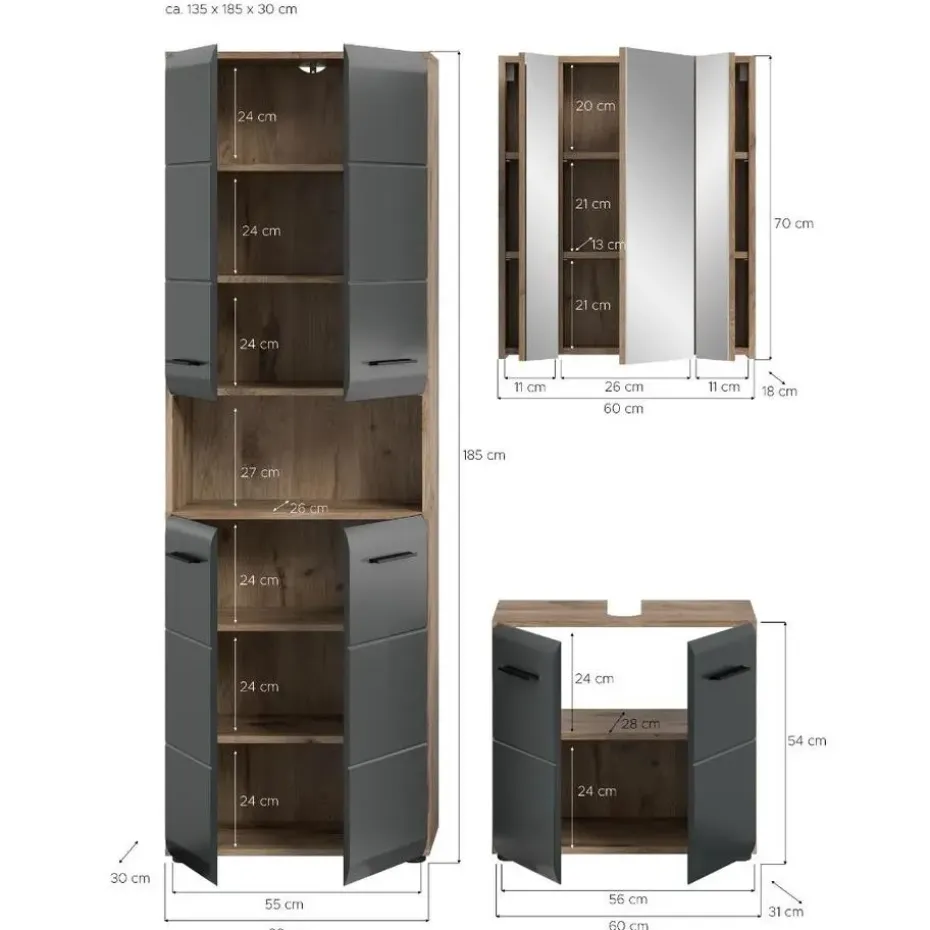 Hioshop Ice badkamer I20 zwart mat- eiken decor