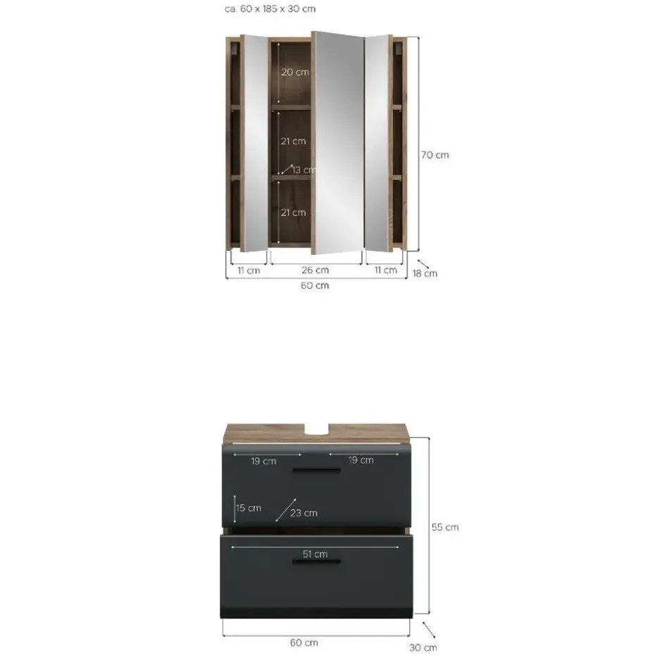 Hioshop Ice badkamer I9 zwart mat- eiken decor