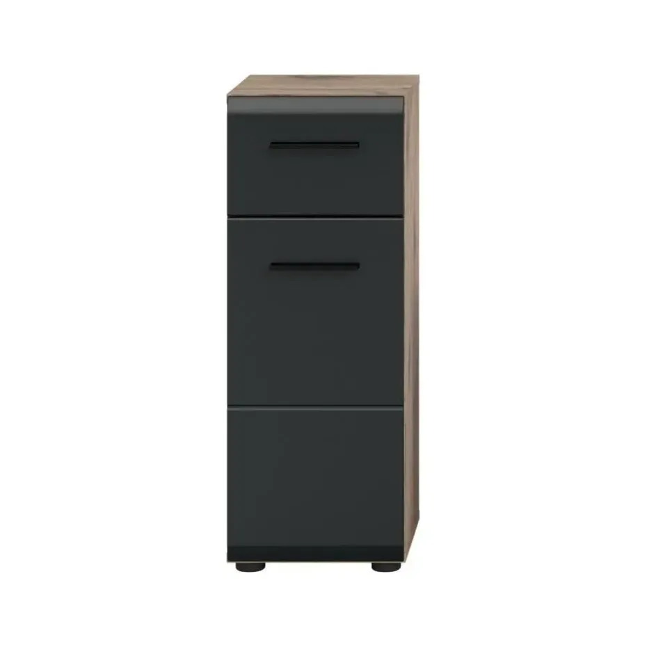 Hioshop Ice badkamerkast 1 deur- 1 lade zwart mat- eiken decor