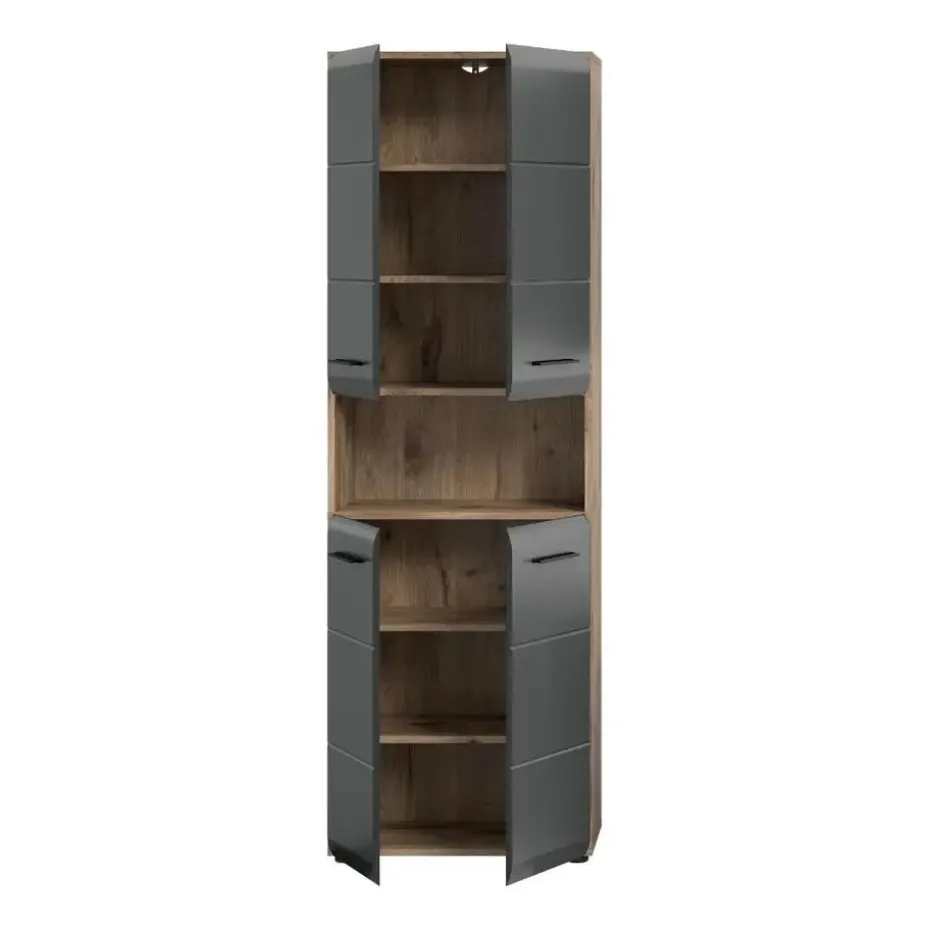 Hioshop Ice kolomkast 4 deuren- 1 plank zwart mat- eiken decor