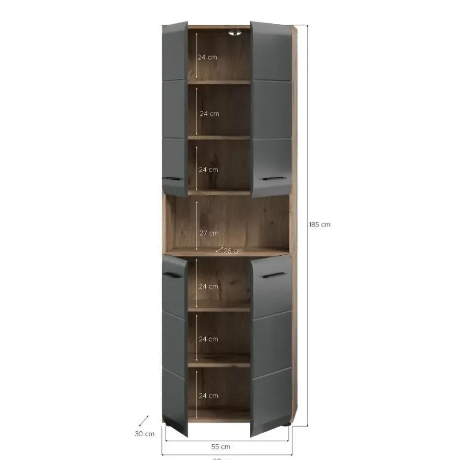 Hioshop Ice kolomkast 4 deuren- 1 plank zwart mat- eiken decor
