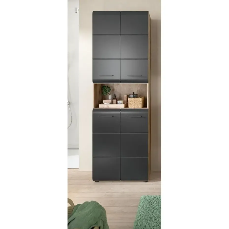 Hioshop Ice kolomkast 4 deuren- 1 plank zwart mat- eiken decor