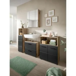 Hioshop Ice wastafel 2 lades zwart mat- eiken decor